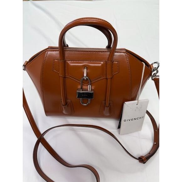 NEW Givenchy Leather Mini Antigona Lock Tote Top Handle Bag Cognac Brown - Picture 5 of 11